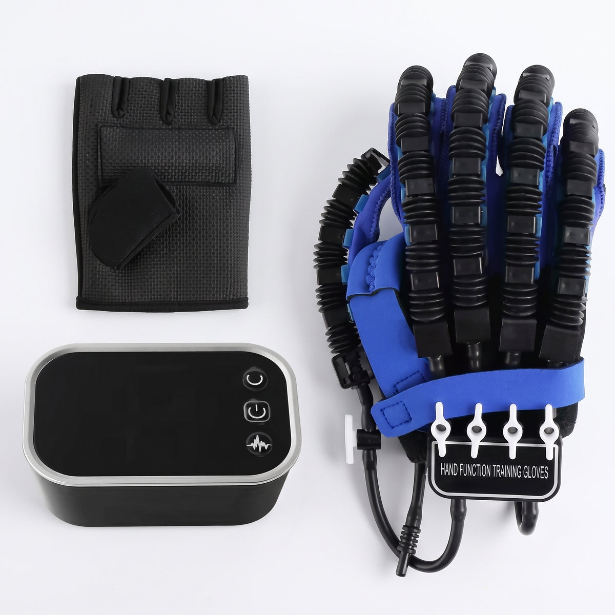 Guante ejercitador Manovia con su unidad de control y la funda interior de tela