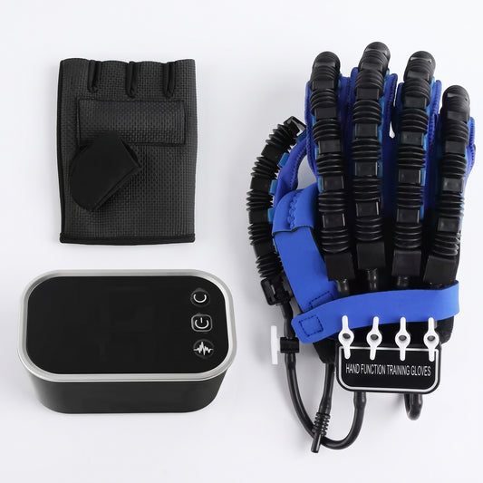 Guante ejercitador Manovia con su unidad de control y la funda interior de tela