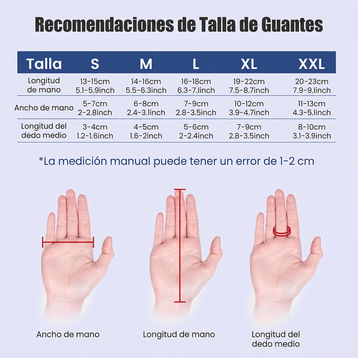 Tabla de tallas Manovia: longitud de la mano, ancho de la palma y dedo corazón para las tallas S a XXL
